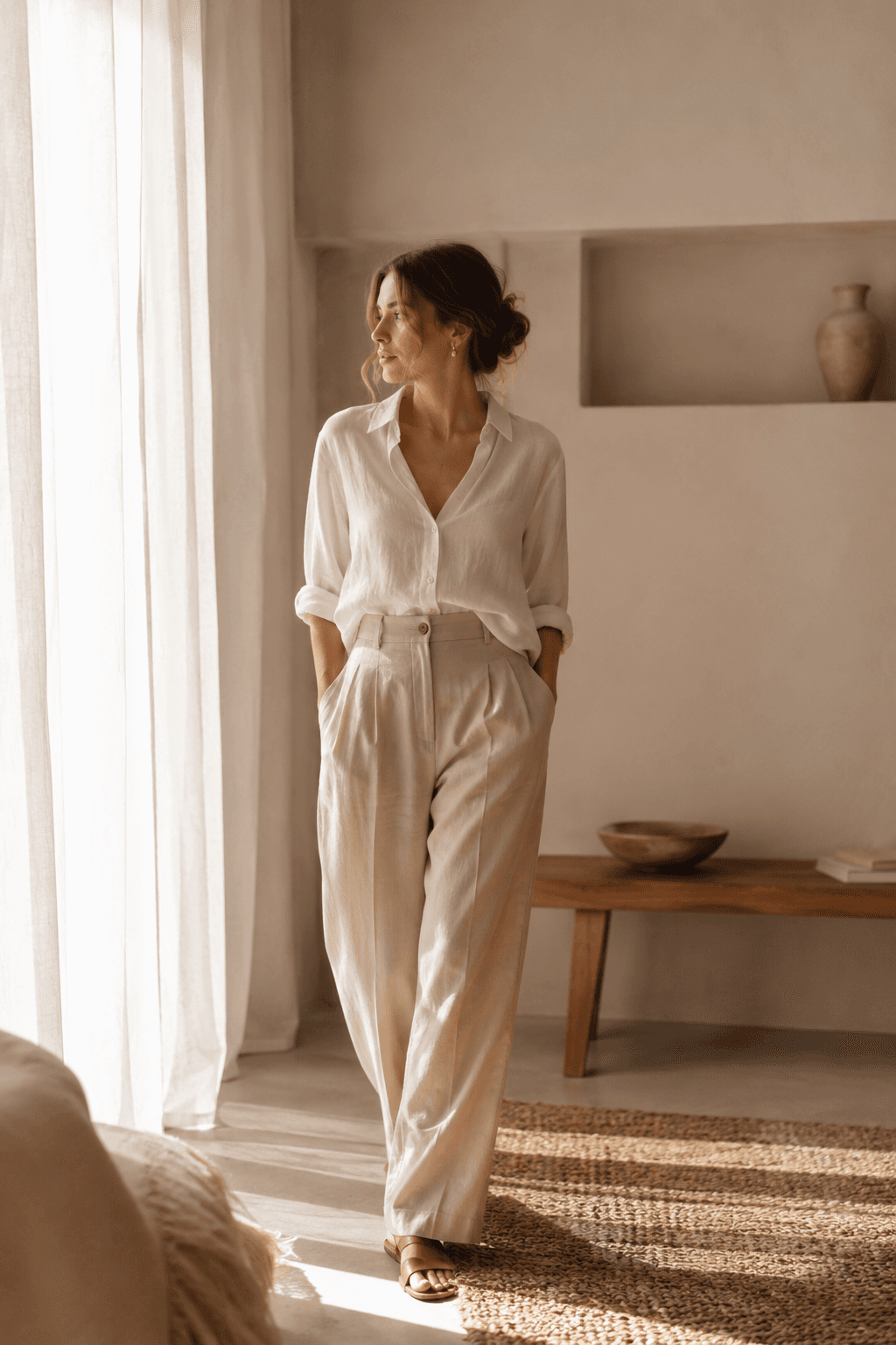 Mujer con outfit minimalista en tonos neutros