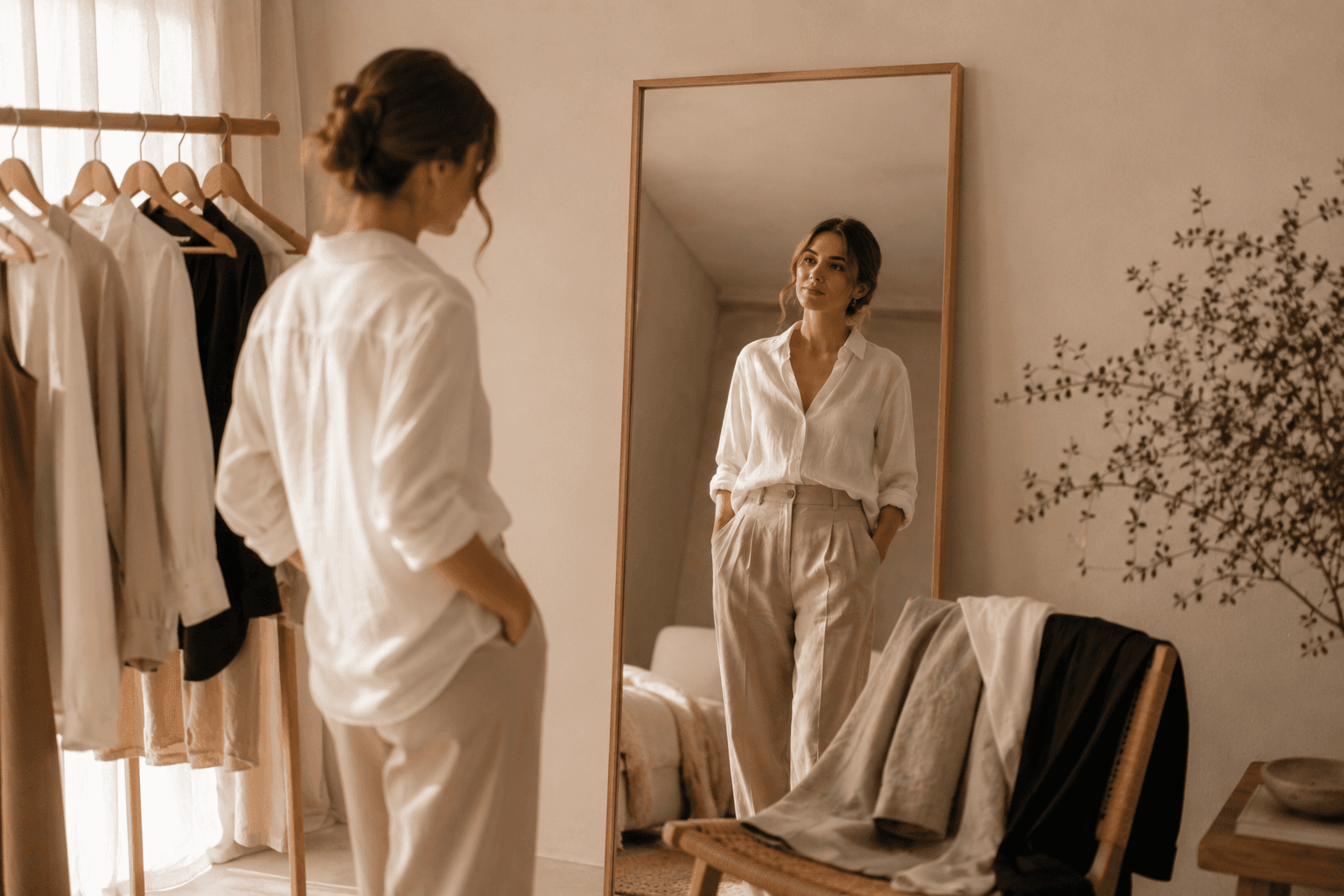 Mujer armando un look con prendas esenciales